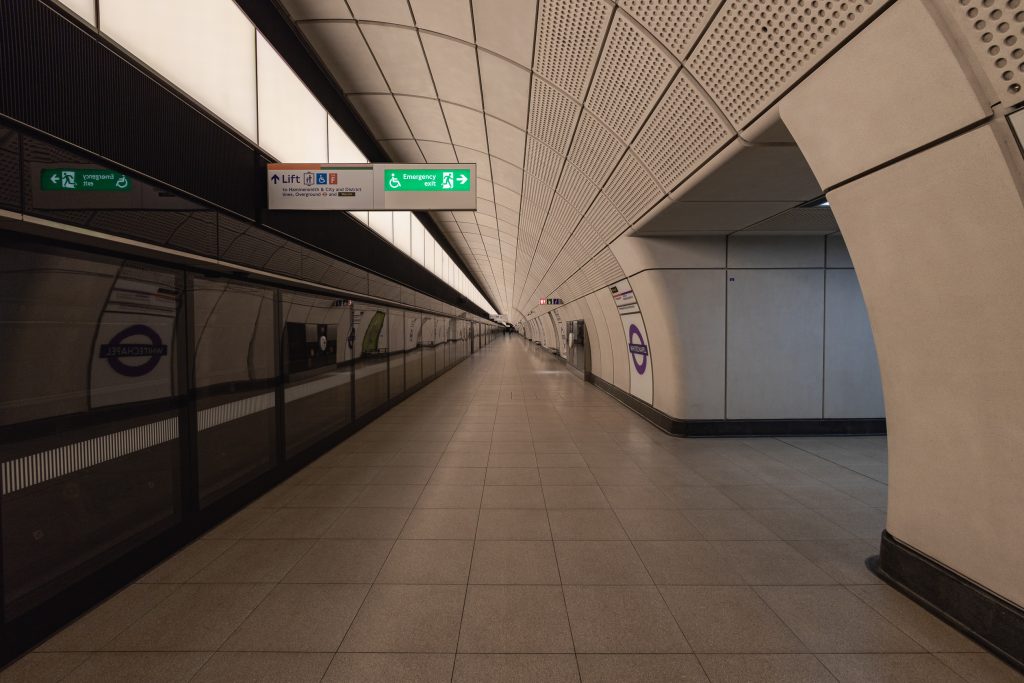 Elizabeth Line, Whitechapel Station, westbound platform. 200+ metres of a tunnel bisected vertically by the platform edge guard and horizontally by the platform