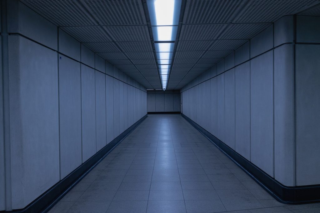 An empty rectangular corridor on the mostly circular Elizabeth Line